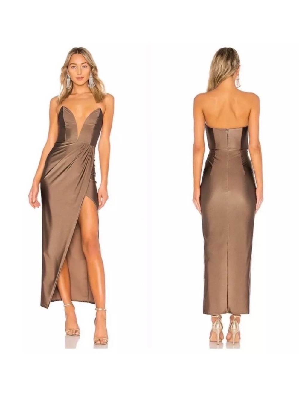 Michael Costello Strapless Bronze Satin Ruched Slit Gown